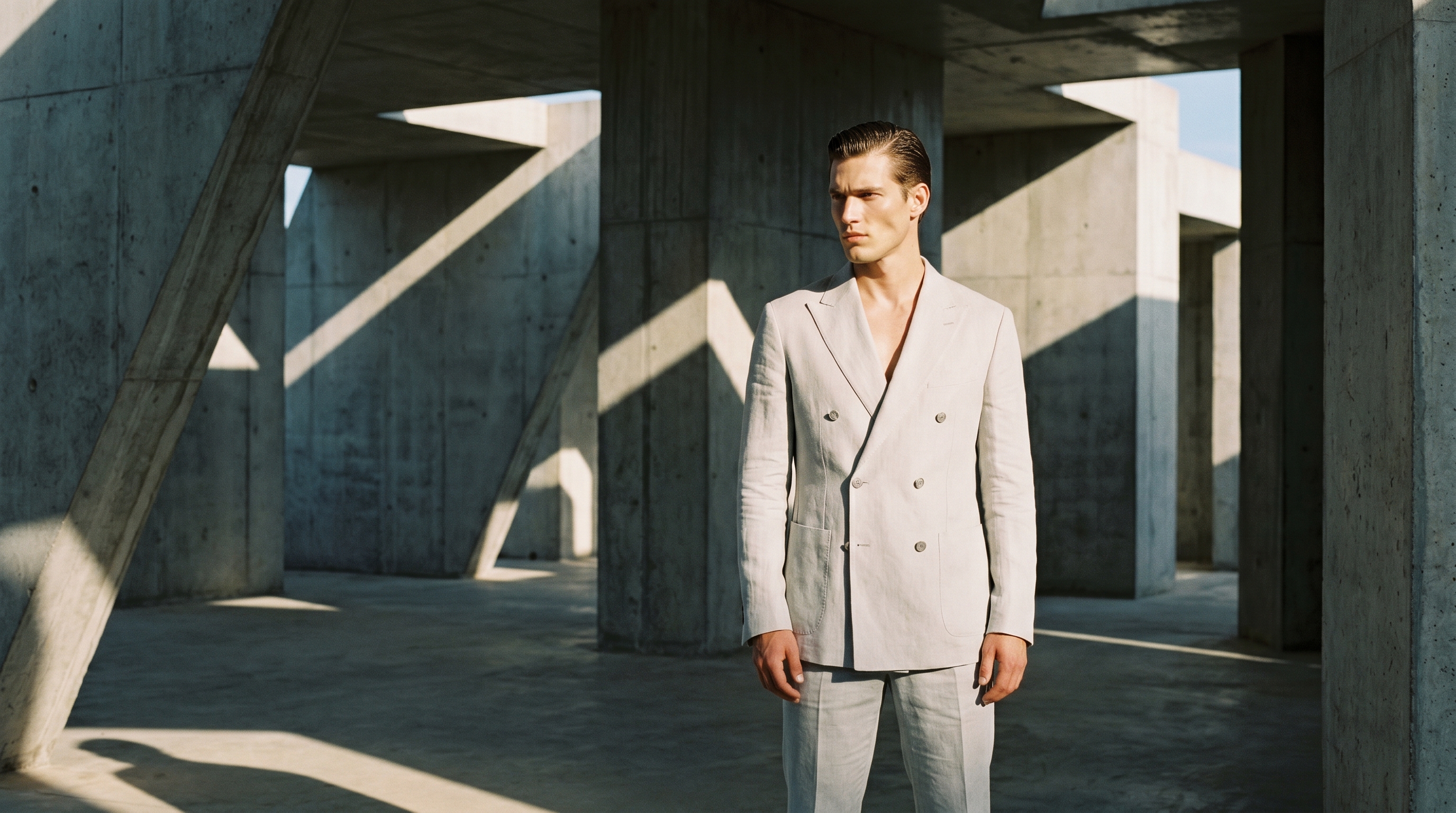 Cream linen suit among concrete columns in bright daylight
