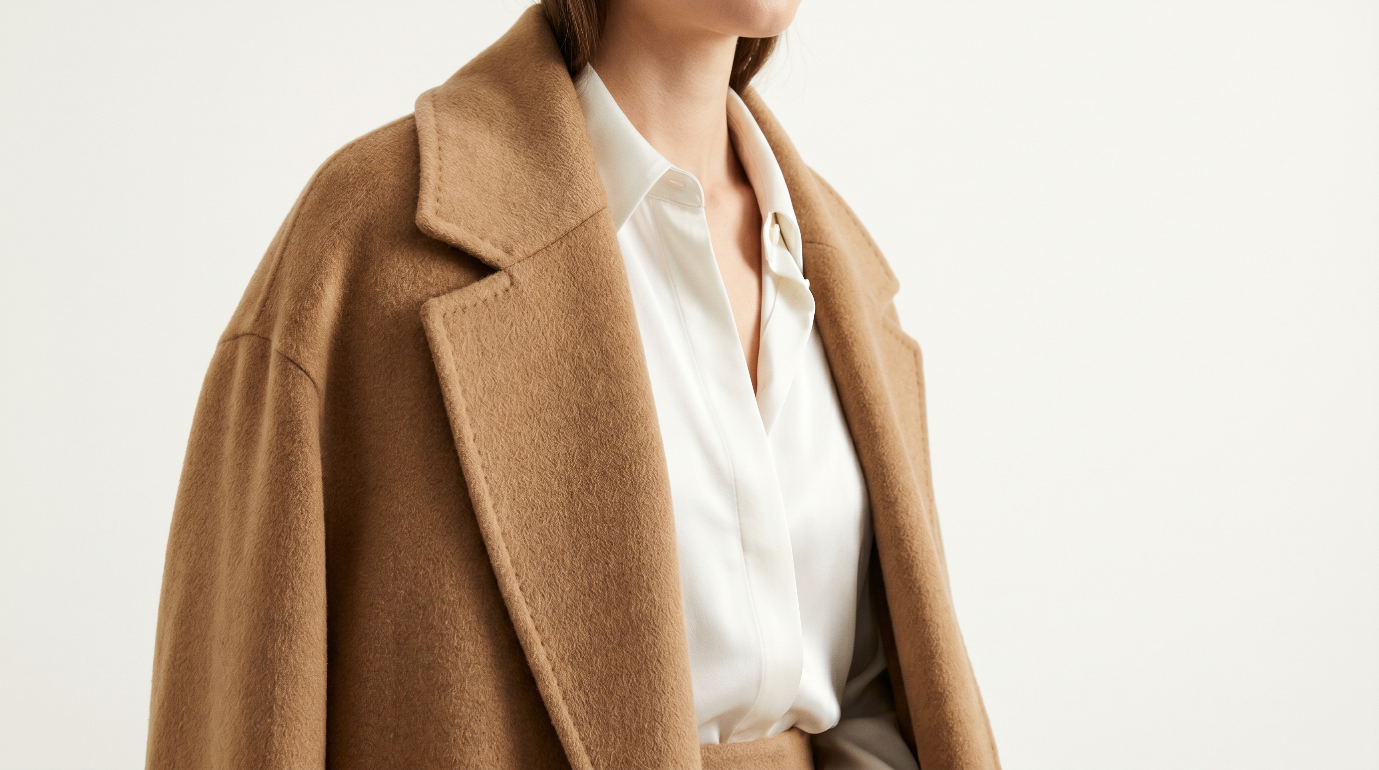 Taupe trench caught mid-step in a studio