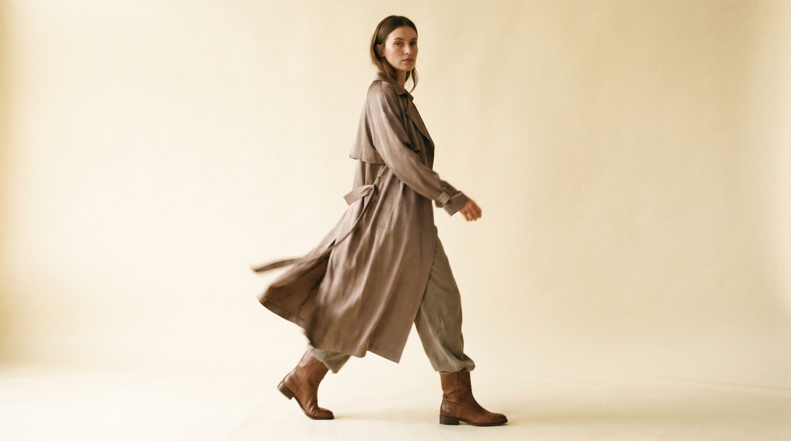 Camel cashmere coat with silk shirt — editorial detail