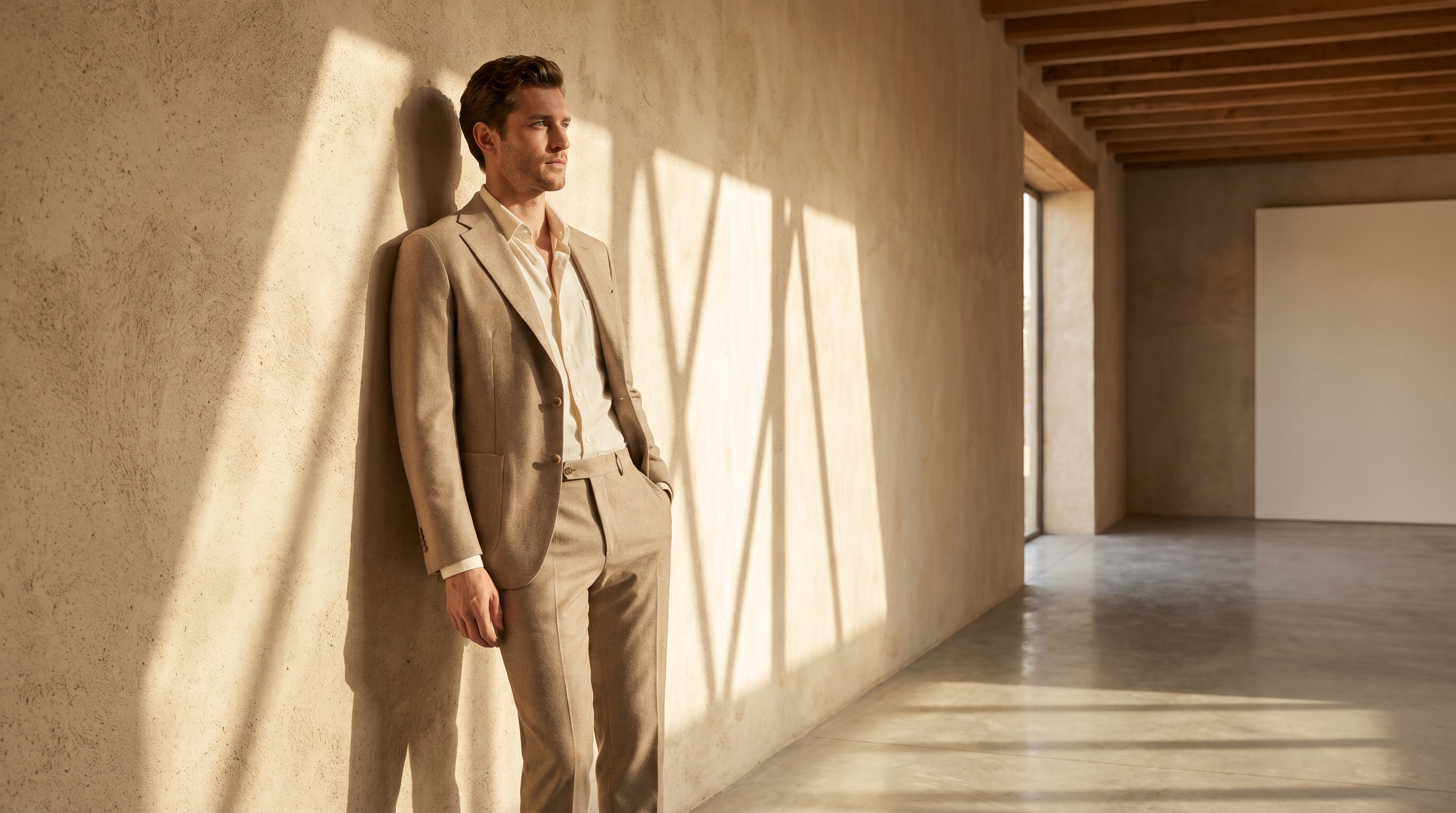 Oversized camel coat, seated in a museum gallery