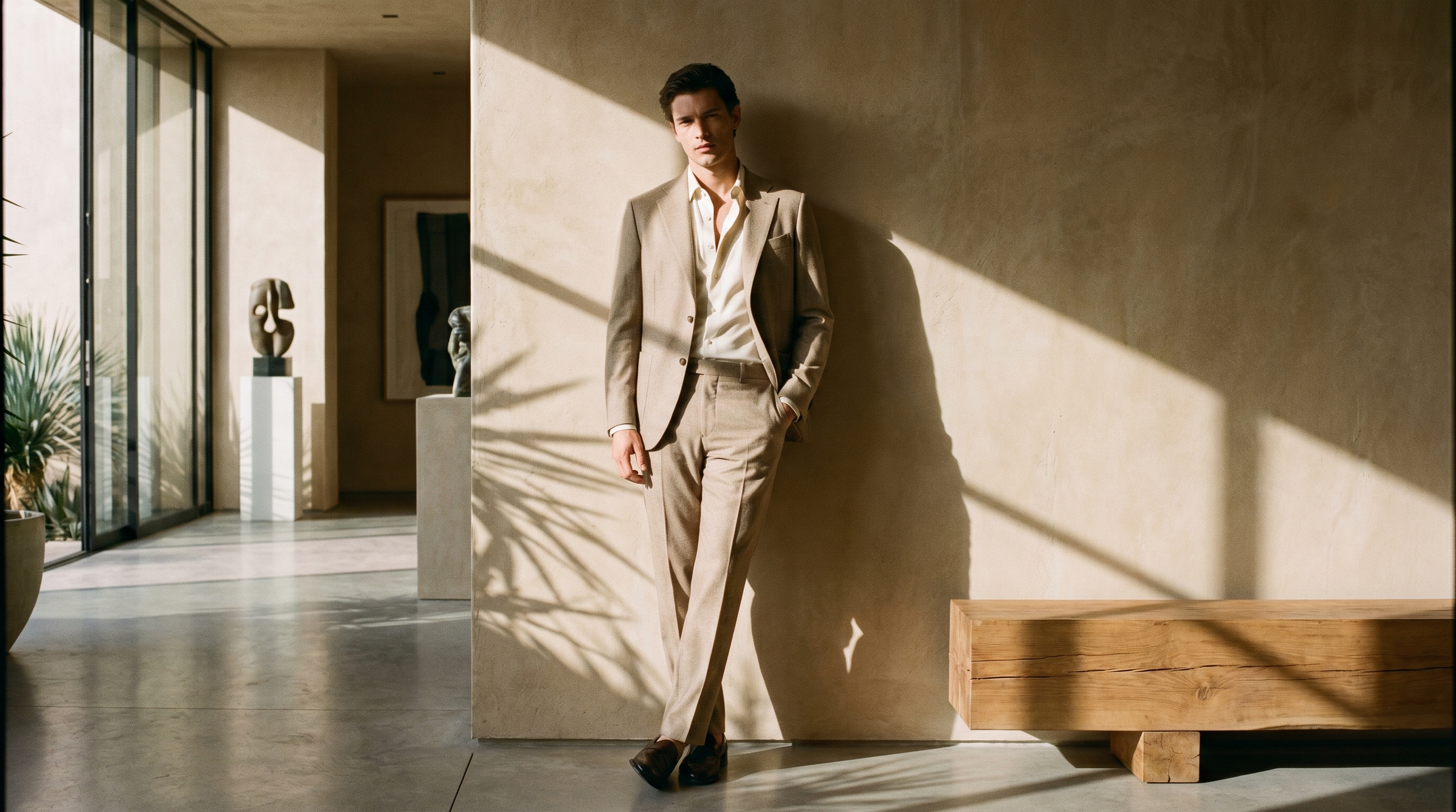 Beige suit with turtleneck, interior portrait