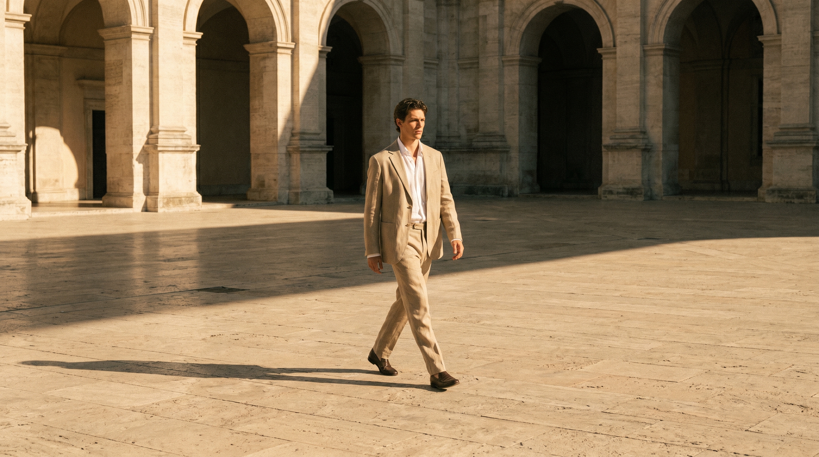 Linen waistcoat and wide trousers in an arched colonnade